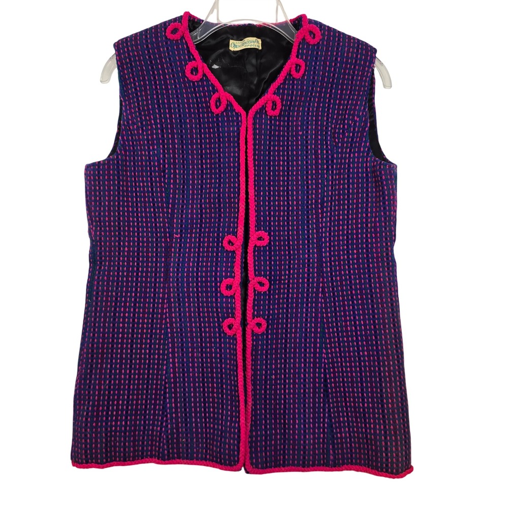 Vintage 60s 70s Polish Folk Art Wool Vest Mod Boho Waistcoat Embroidered Lined
